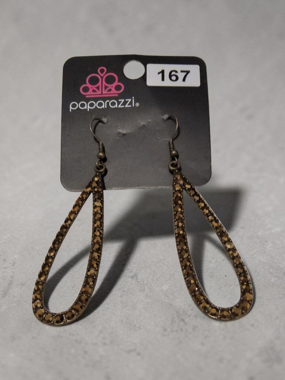 10 / $10 paparazzi Bronze Teardrop Earrings with Brown Crystal Accents
